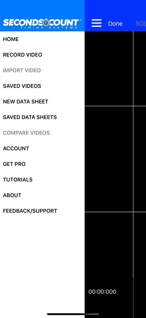 Video Stopwatch SC - The main navigation side menu of the Video Stopwatch SC app showing options for recording video, data sheets, and performance analysis.
