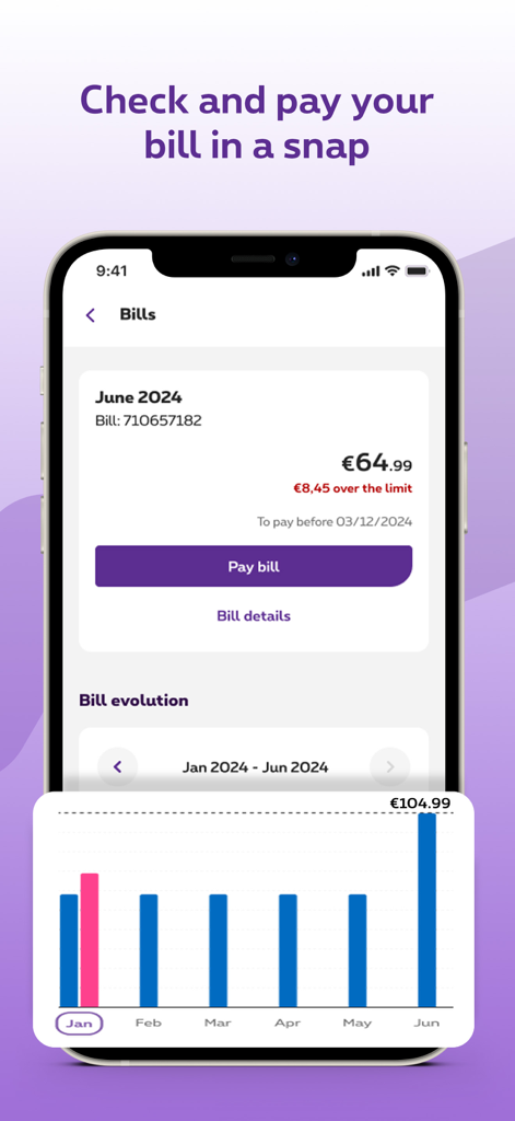 Proximus plus mobile app interface showing bill payment details and spending evolution chart