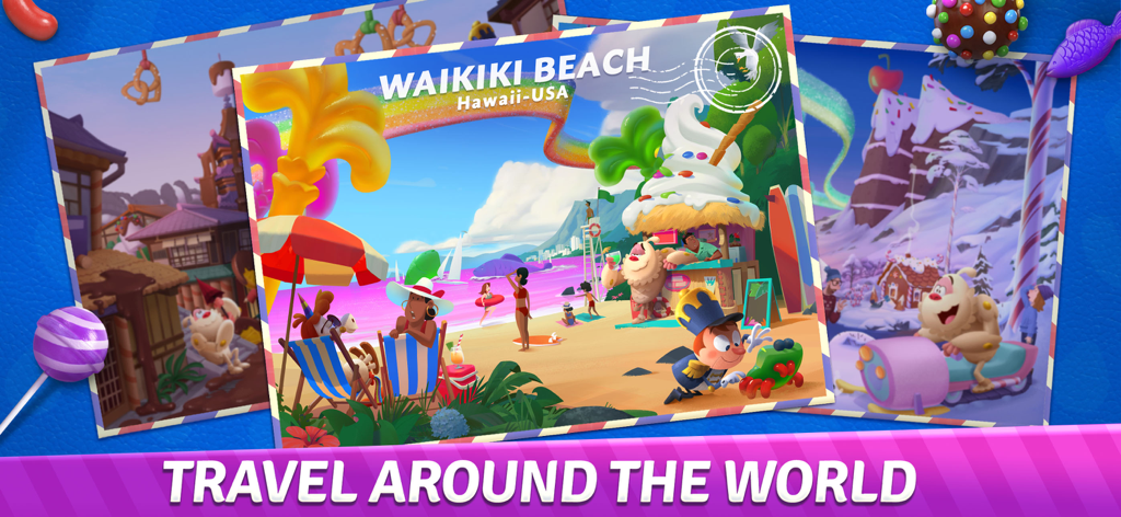 Candy Crush Solitaire - Candy Crush Solitaire characters on colorful travel postcards featuring Waikiki Beach and the text Travel Around The World