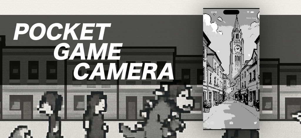 8bit Boy's Pocket Game Camera - 8bit Boy's Pocket Game Camera app interface showing pixelated city street photography