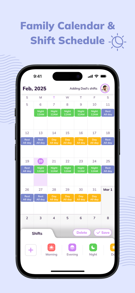 Cubbily: Family Calendar - Interface de l'application Cubbily montrant un calendrier familial mensuel codé par couleur pour gérer les gardes de travail et les jours de repos