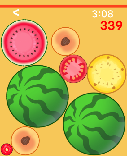 Merge Watermelon 4 Watch - A gameplay screenshot of Merge Watermelon 4 Watch showing various fruits like watermelons and pineapples with a score of 339.
