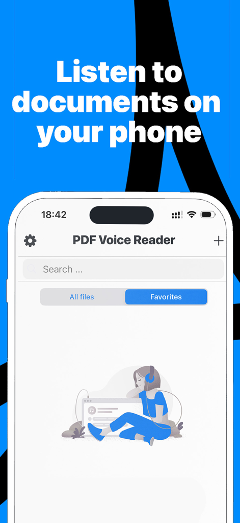 PDF Voice Reader - Docs Aloud - Smartphone exibindo a interface do aplicativo Leitor de Voz PDF com o texto Ouça documentos em seu telefone.
