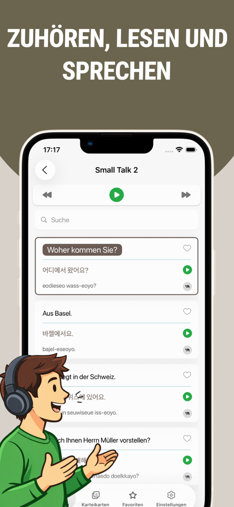 Mobile app interface for learning Korean with phrases and audio playback options