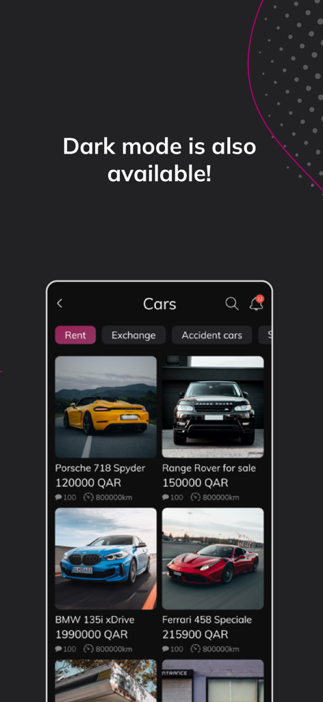 Mzad Qatar مزاد قطر - Mzad Qatar mobile app interface showing luxury car advertisements in dark mode.