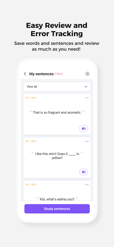 Cake - Learn English & Korean - Capture d'écran de la fonction Mes phrases de l'application Cake montrant des phrases enregistrées pour révision et étude