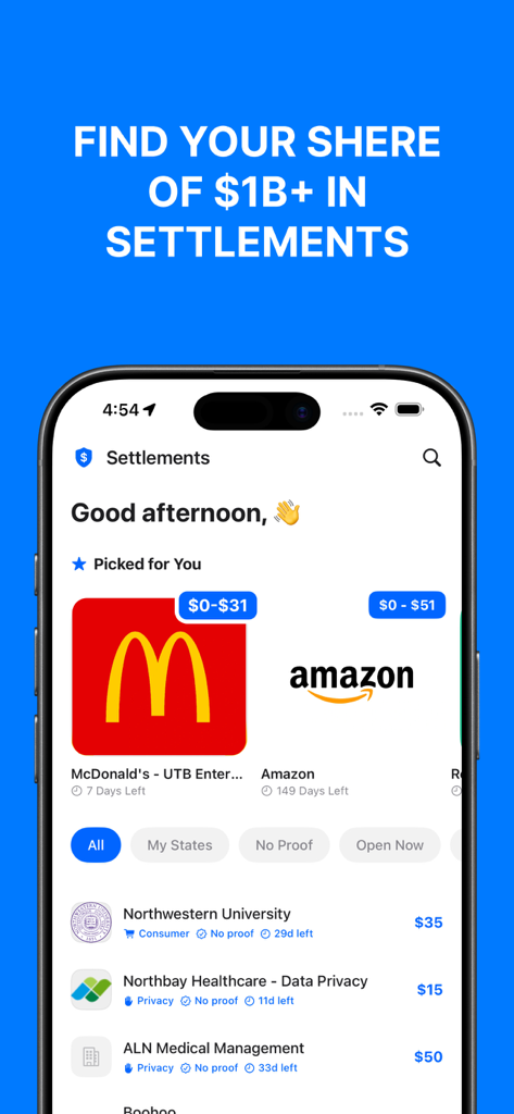 Interface of SettleMate app showing available class action settlements from brands like McDonald's and Amazon