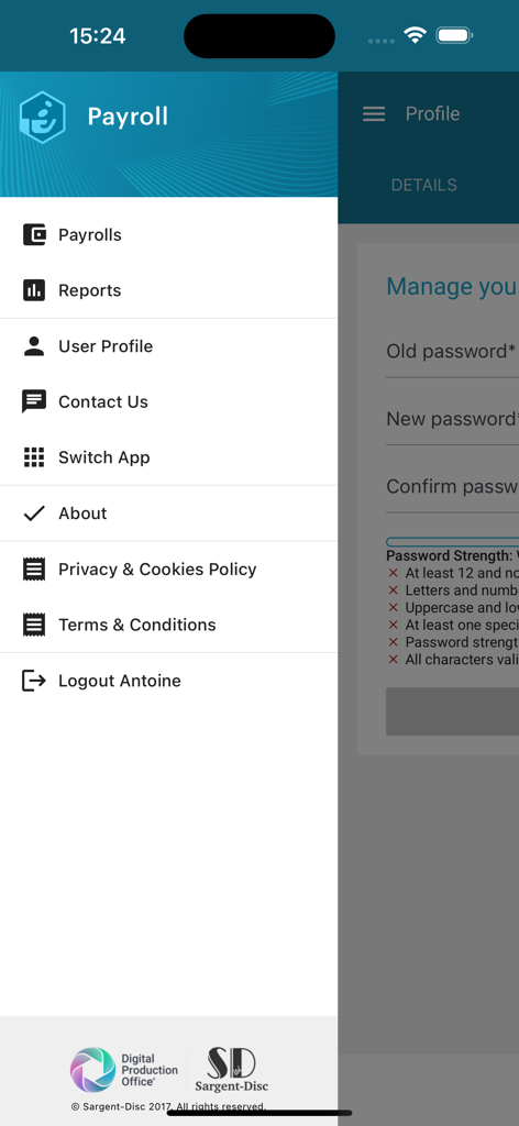 SD Payroll - Seitennavigationsleiste der SD Payroll App mit Optionen für Konto und Gehaltsabrechnung