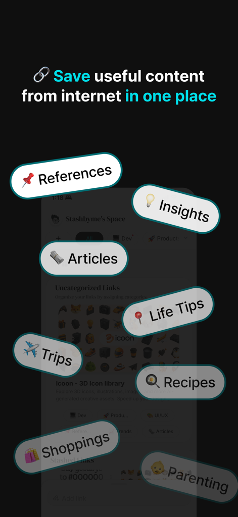 Stashby: Bookmark Manager - Stashby app screen showing organized link categories like recipes, articles, and trips for saving digital content.