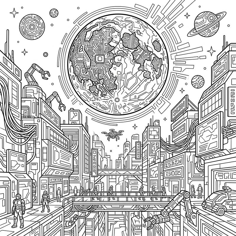 Dive into a breathtaking blend of celestial wonder and futuristic grit with this unique coloring template. Experience a dramatic lunar eclipse casting its glow over a sprawling cyberpunk metropolis, waiting for your creative touch.