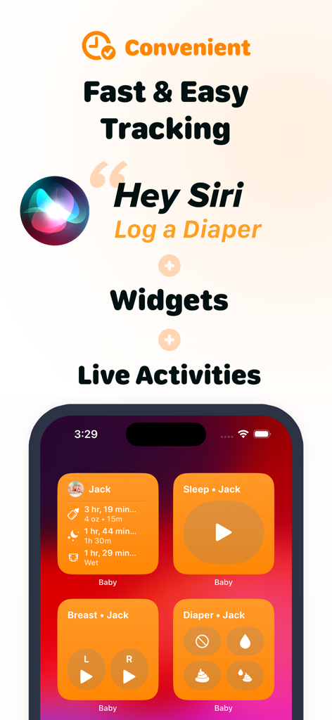 Screenshot of Baby Tracker App by Sprout showing Siri voice commands and interactive iOS widgets for tracking baby feeding sleep and diapers