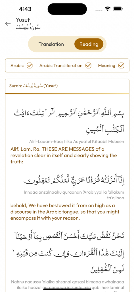 The Quran GPT - The Quran GPT app interface showing Surah Yusuf with Arabic script and English translation