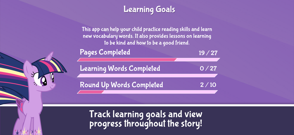 My Little Pony: Twilight - Pantalla de objetivos de aprendizaje que muestra el progreso de lectura y vocabulario en la aplicación My Little Pony