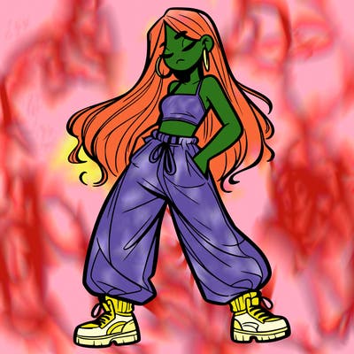 girl in baggy pants crop top and long hair