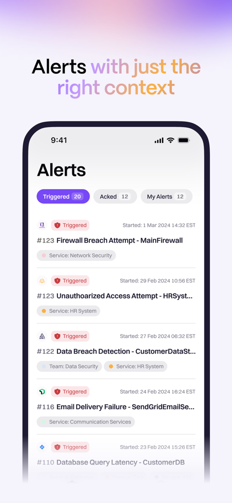 Rootly - Rootly mobile app interface showing a list of triggered security and system alerts with context tags