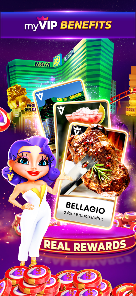 POP! Slots™ - Schermata promozionale di POP Slots che evidenzia i premi VIP del mondo reale e i vantaggi del casinò
