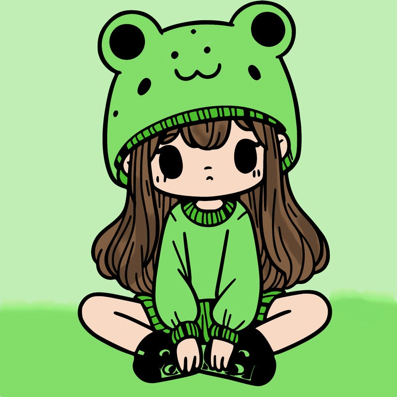 a girl wearing a frog hat and some frog socks