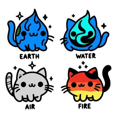 4 cats that represent the different elements, earth, water, air, and fire