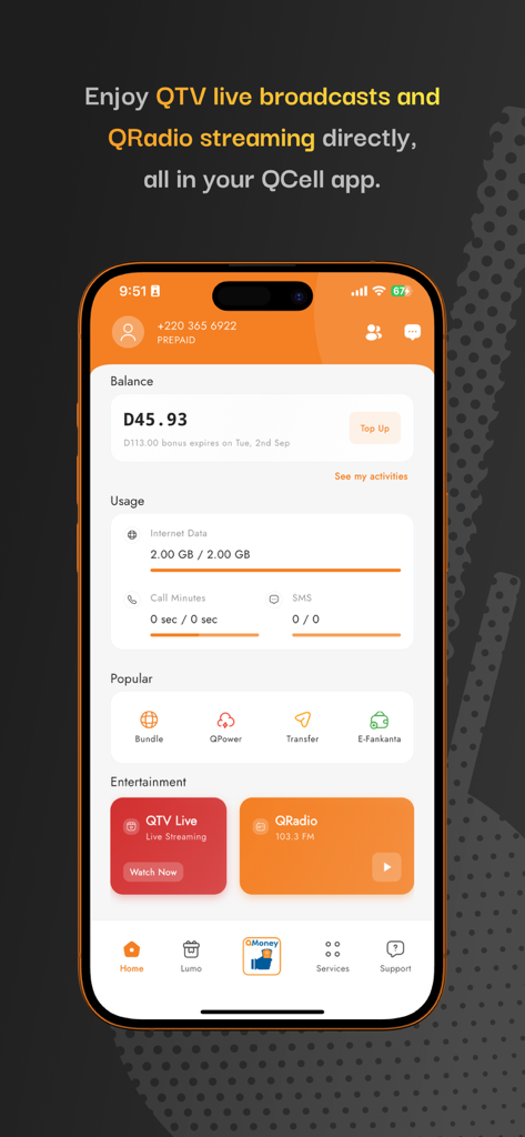 QCELL - QCell app home screen showing account balance usage statistics and live streaming options for QTV and QRadio