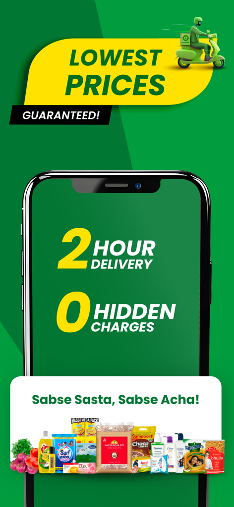 DealShare: Online Grocery App - DealShare app interface showing guaranteed lowest prices and two hour delivery for groceries.