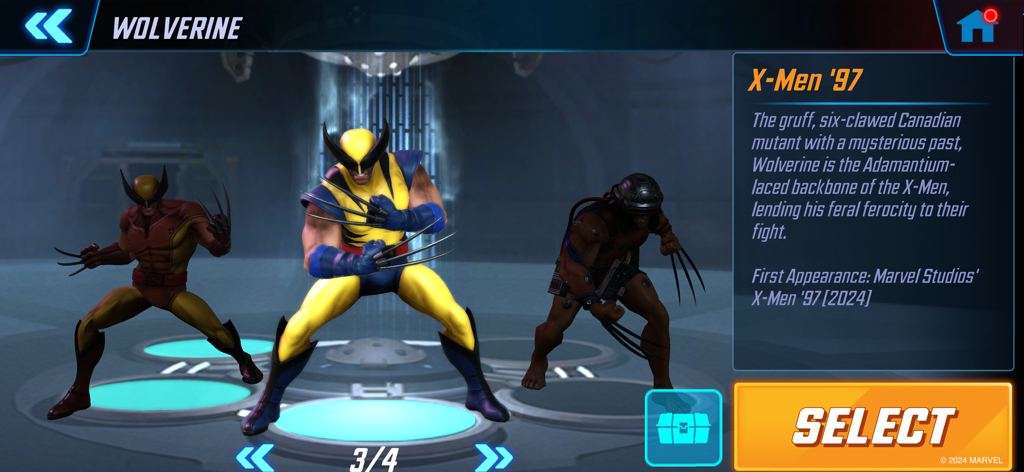 Character selection screen for Wolverine in MARVEL Strike Force showing different costume options like X-Men 97 and Weapon X