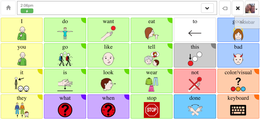 CoughDrop - CoughDrop AAC app screen with a grid of word buttons and symbols for speech support