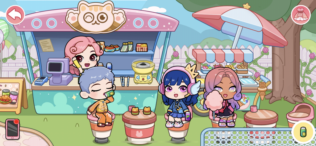 Tut World:City Life Creator - Cartoon characters enjoying food and drinks at a cat themed snack stand in a playground