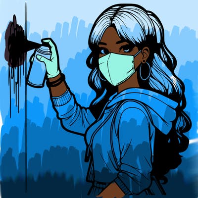 realistic girl with mask spray painting a wall