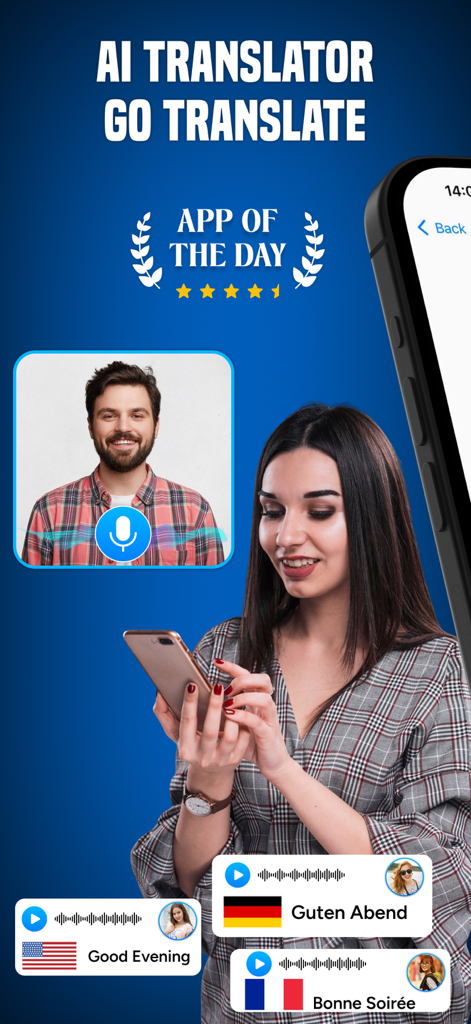 AI Translator – Go Translate - Oberfläche der AI Translator App, die Echtzeit-Sprachkonversationsübersetzung zwischen den Sprachen Englisch, Deutsch und Französisch zeigt