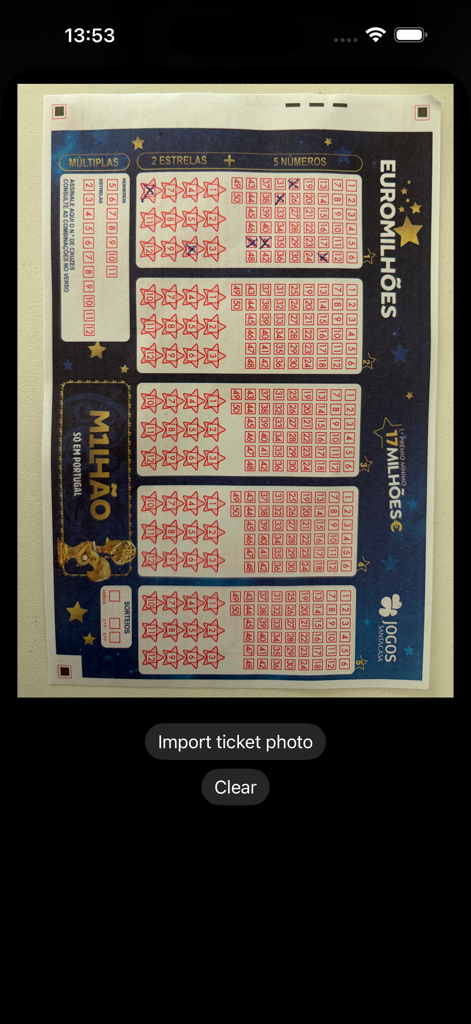 AIMillions - A screen in the AIMillions app showing a physical lottery ticket being uploaded for tracking.