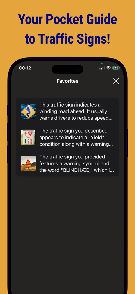A mobile screen showing a favorites list of identified road signs with text descriptions.