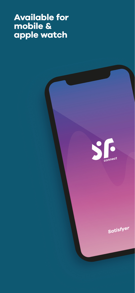 Satisfyer Connect app splash screen showing availability for mobile and apple watch