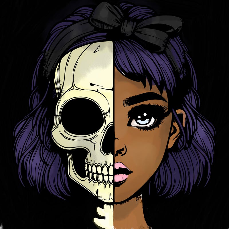 realistic girl with half skull mask