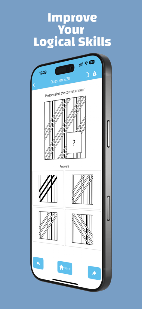 IQ test app interface showing a pattern recognition question for logical reasoning training