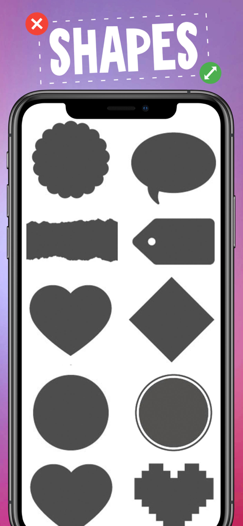 Interface showing a selection of graphic shapes and stickers within the txt photo and video editor