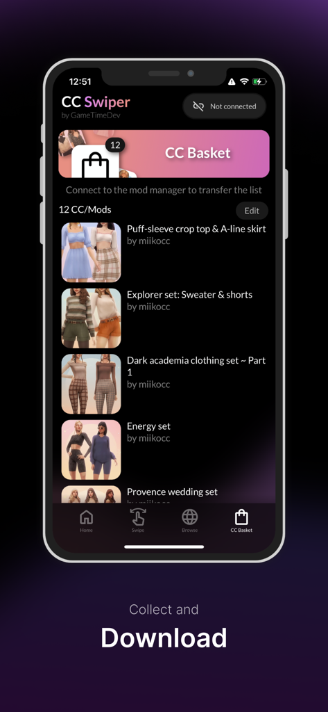 CC Swiper - The CC Basket screen in the CC Swiper app showing a list of collected Sims 4 custom content items ready for download.