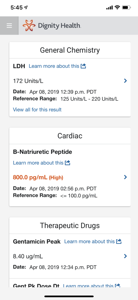 A list of medical lab results in the Dignity Health my portal app