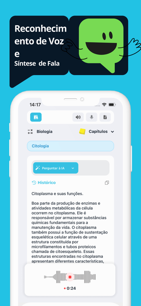 Janda.IA - Interface do aplicativo Janda.IA demonstrando recursos de reconhecimento de voz e síntese de fala para anotações de biologia