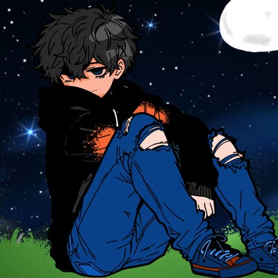 a male hoddie ripped jeans messy hair anime