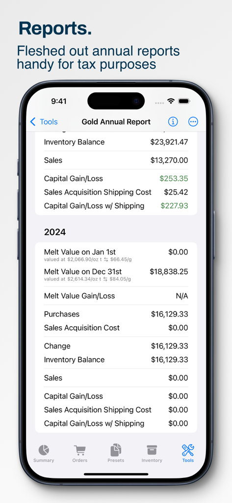 Precious Metals Manager - Gold annual report screen displaying capital gains and inventory balance for tax purposes