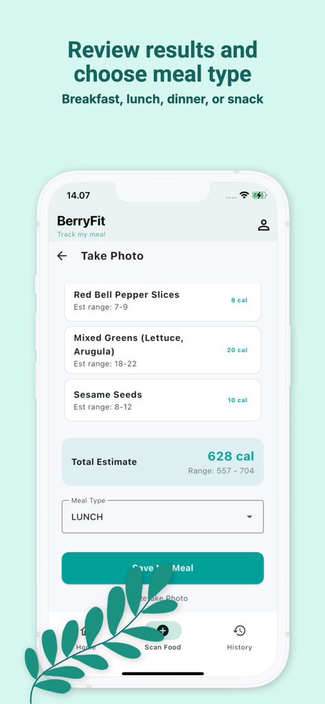 Aplicación BerryFit que muestra las estimaciones de calorías AI para una comida y selecciona el almuerzo como tipo de comida