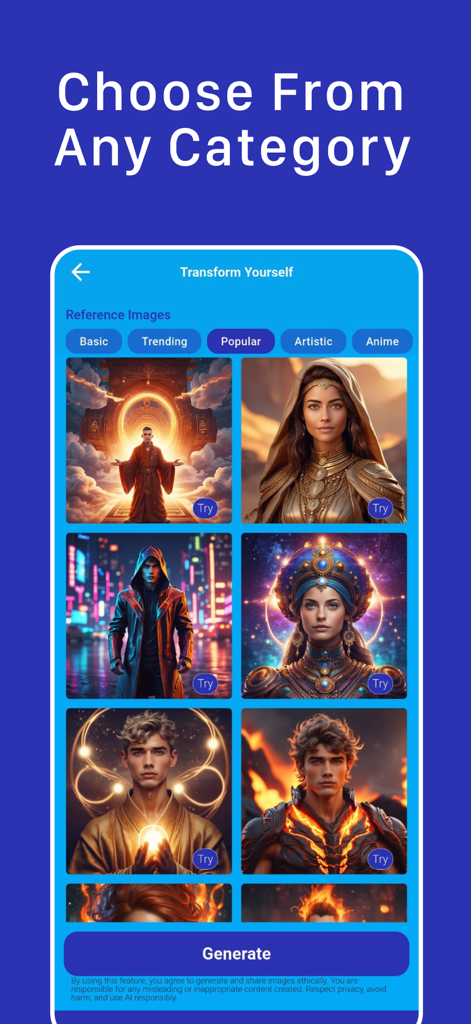 How Old Do I Look - Future Me - 様々な参考ポートレート画像とともにAI変身カテゴリを表示するインターフェース。