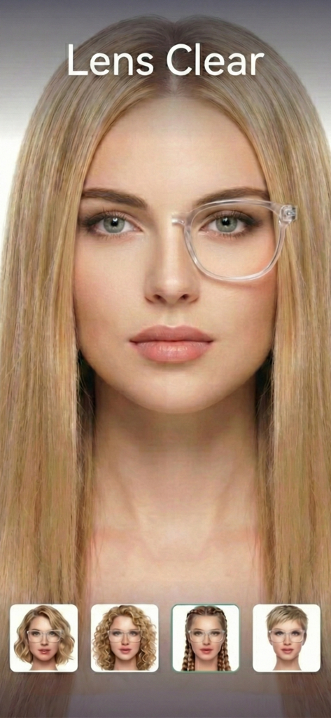 Lens Clear AI app demonstration removing glare and reflections from eyeglass lenses in a portrait photo