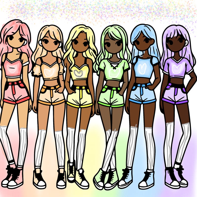 a group of girls wearing crop tops and shorts