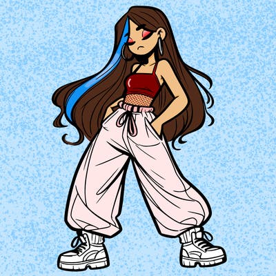 girl in baggy pants crop top and long hair