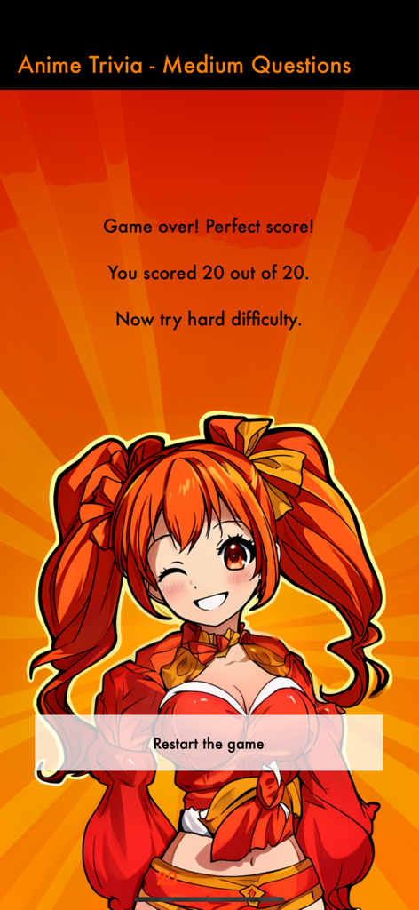 Anime Trivia Pro (Inc. Manga) - Game over screen of Anime Trivia Pro showing a perfect score of 20 out of 20 on medium difficulty with an anime character illustration.