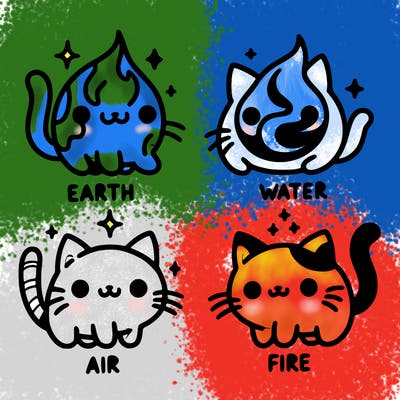 4 cats that represent the different elements, earth, water, air, and fire