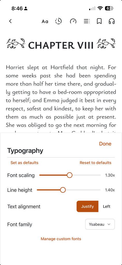 Storyteller Reader - Typography settings menu in Storyteller Reader showing font scaling line height and text alignment options