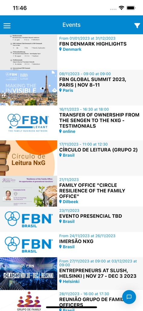 FBN Connect - Events directory in the FBN Connect app displaying international summits and business workshops for family members.