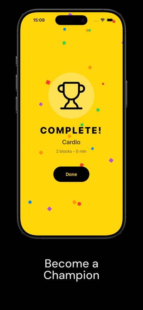 Gelber Bildschirm, der ein abgeschlossenes Cardio-Workout mit einer Pokal-Ikone und Konfetti anzeigt